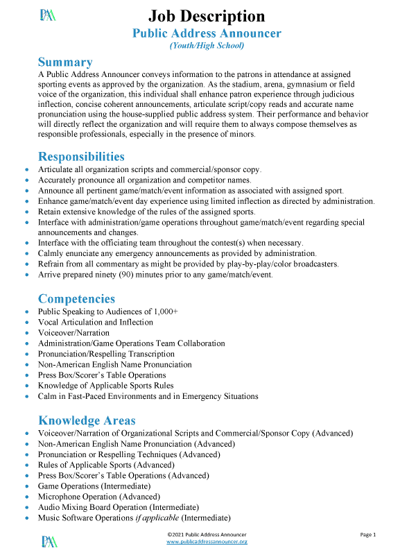 Public Address Announcer Job Description