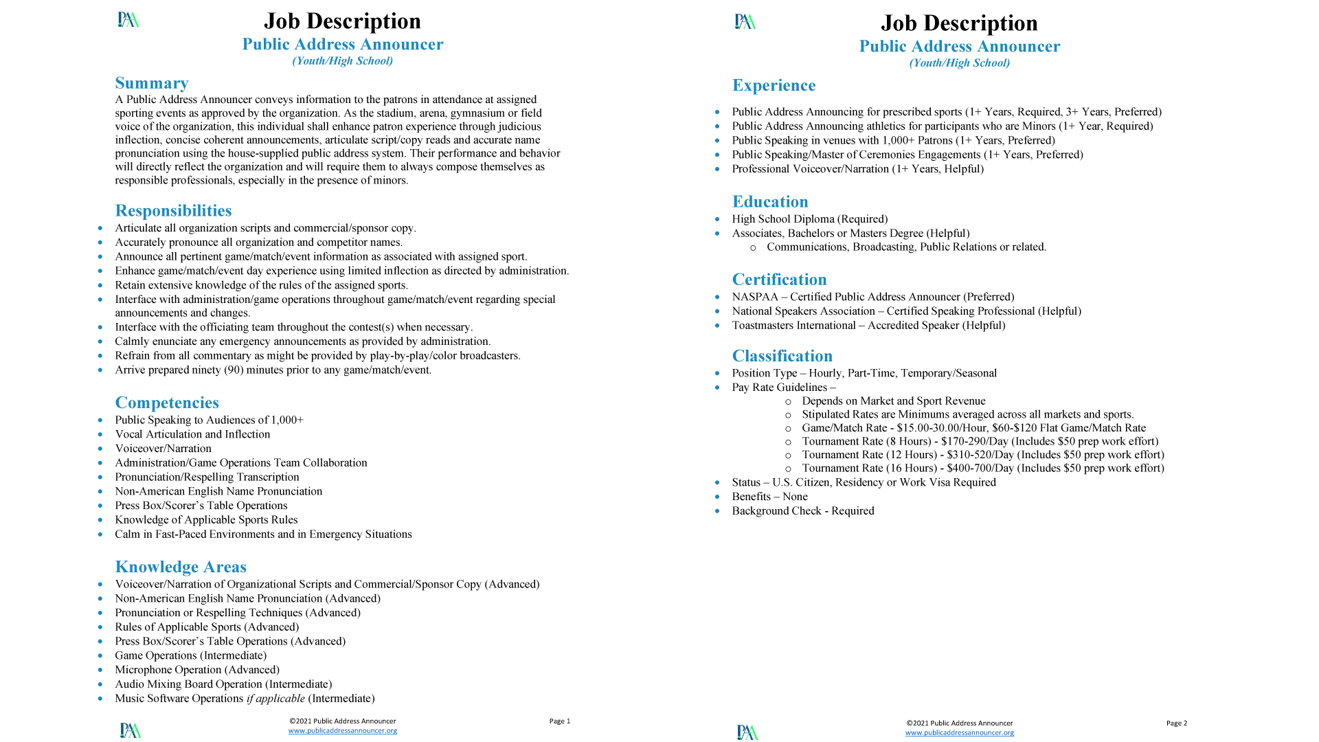 Job Description - Public Address Announcer - High School and Youth