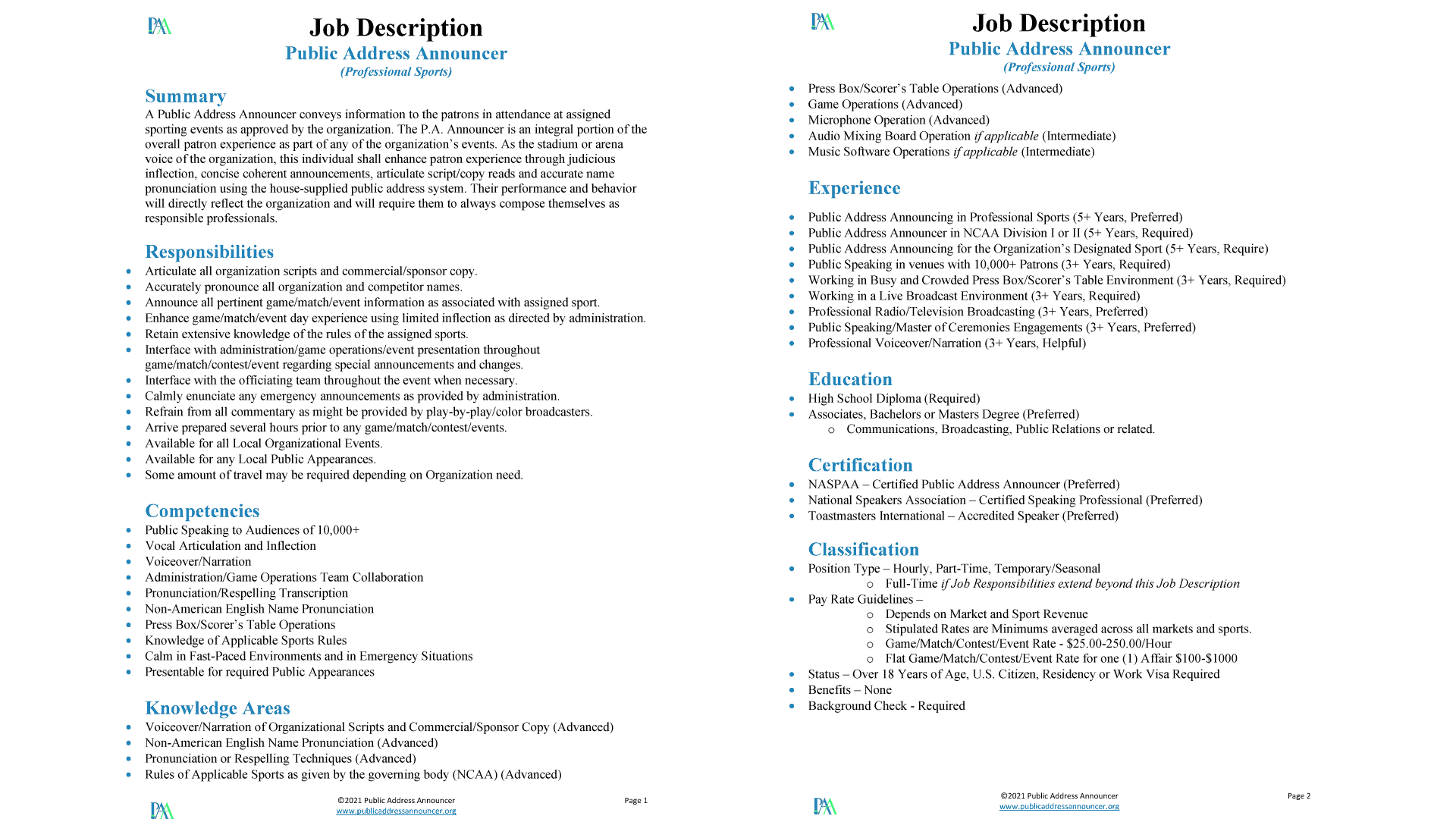 Job Description - Public Address Announcer - Professional Sports