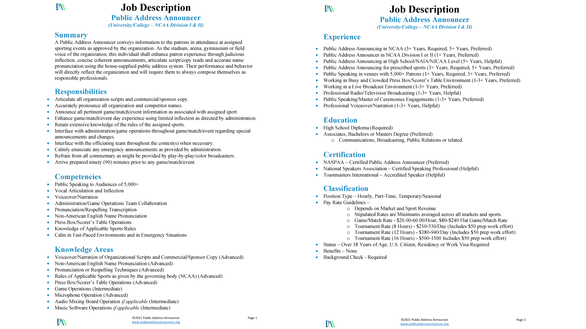 Job Description - Public Address Announcer - University - NCAA