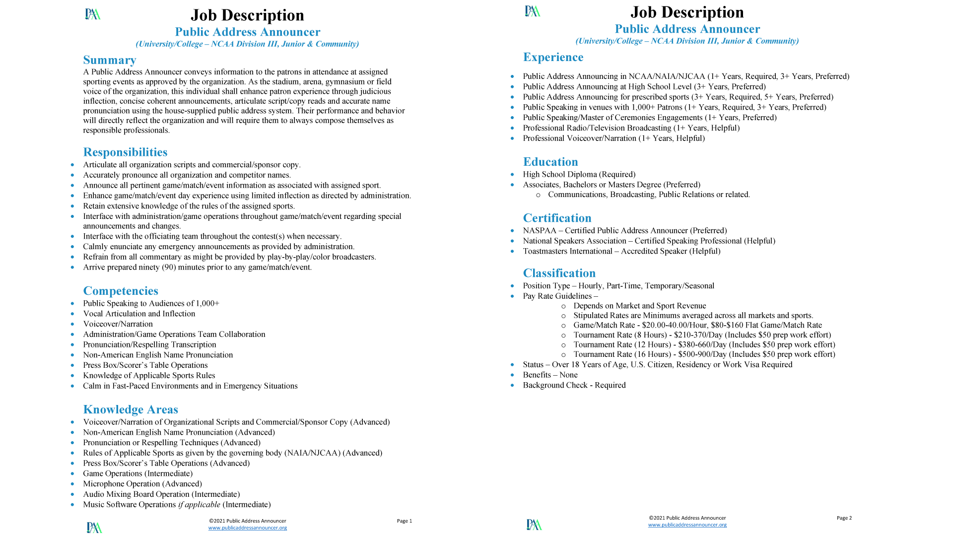 Job Description - Public Address Announcer - University - NCAA NAIA NJCAA