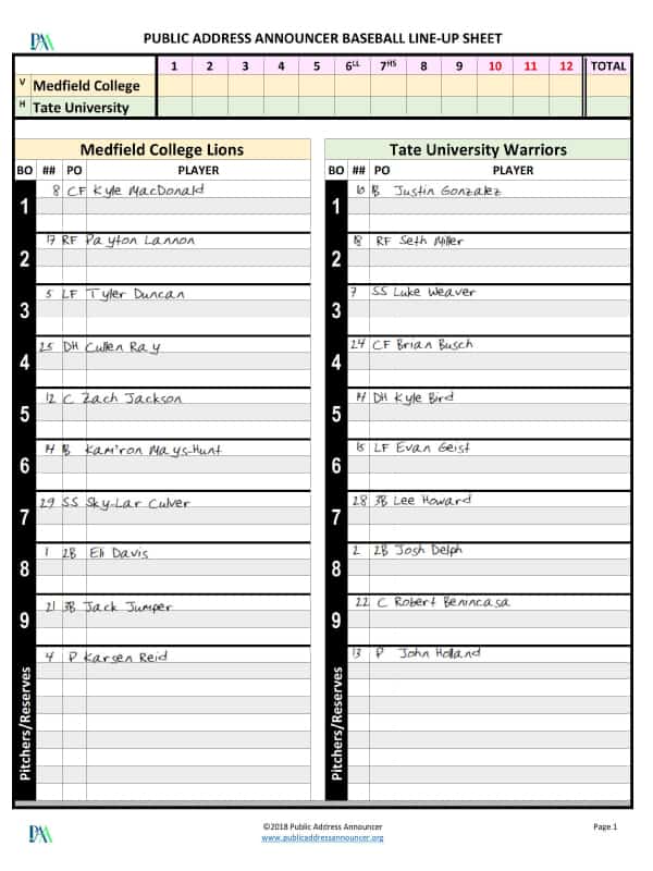 Baseball Lineup Simple Sheet