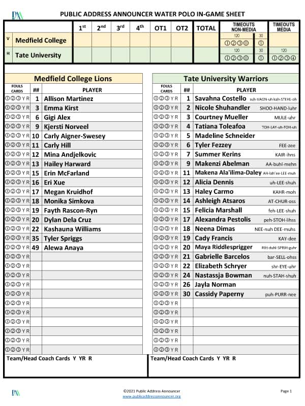 Public Address Announcer Water Polo