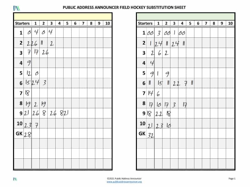 PA Announcer Field Hockey Substitutions Tool